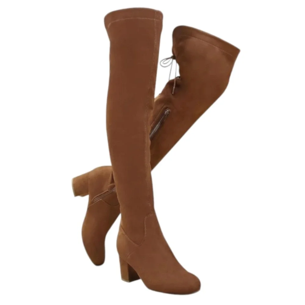 Faux Suede Over The Knee Block Heeled Stretch Boots Camel Full Lace-Up Back‎ 8